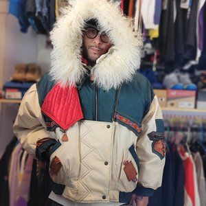 Multicolor Bomber Jacket with Fur Hood